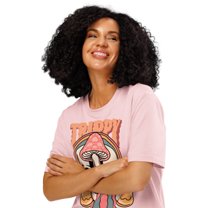 Heavyweight organic cotton t-shirt featuring a split skull pierced by a pink mushroom, with melting psychedelic shapes and small smiley faces.
