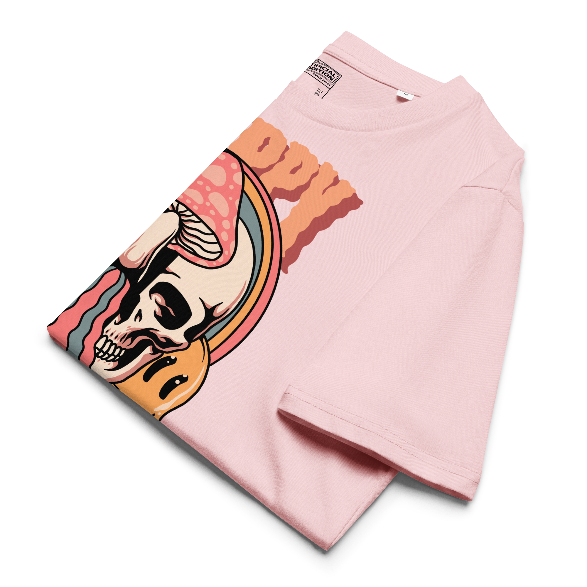 Heavyweight organic cotton t-shirt featuring a split skull pierced by a pink mushroom, with melting psychedelic shapes and small smiley faces.