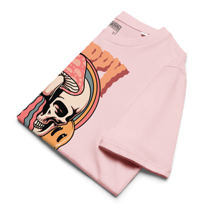 Heavyweight organic cotton t-shirt featuring a split skull pierced by a pink mushroom, with melting psychedelic shapes and small smiley faces.