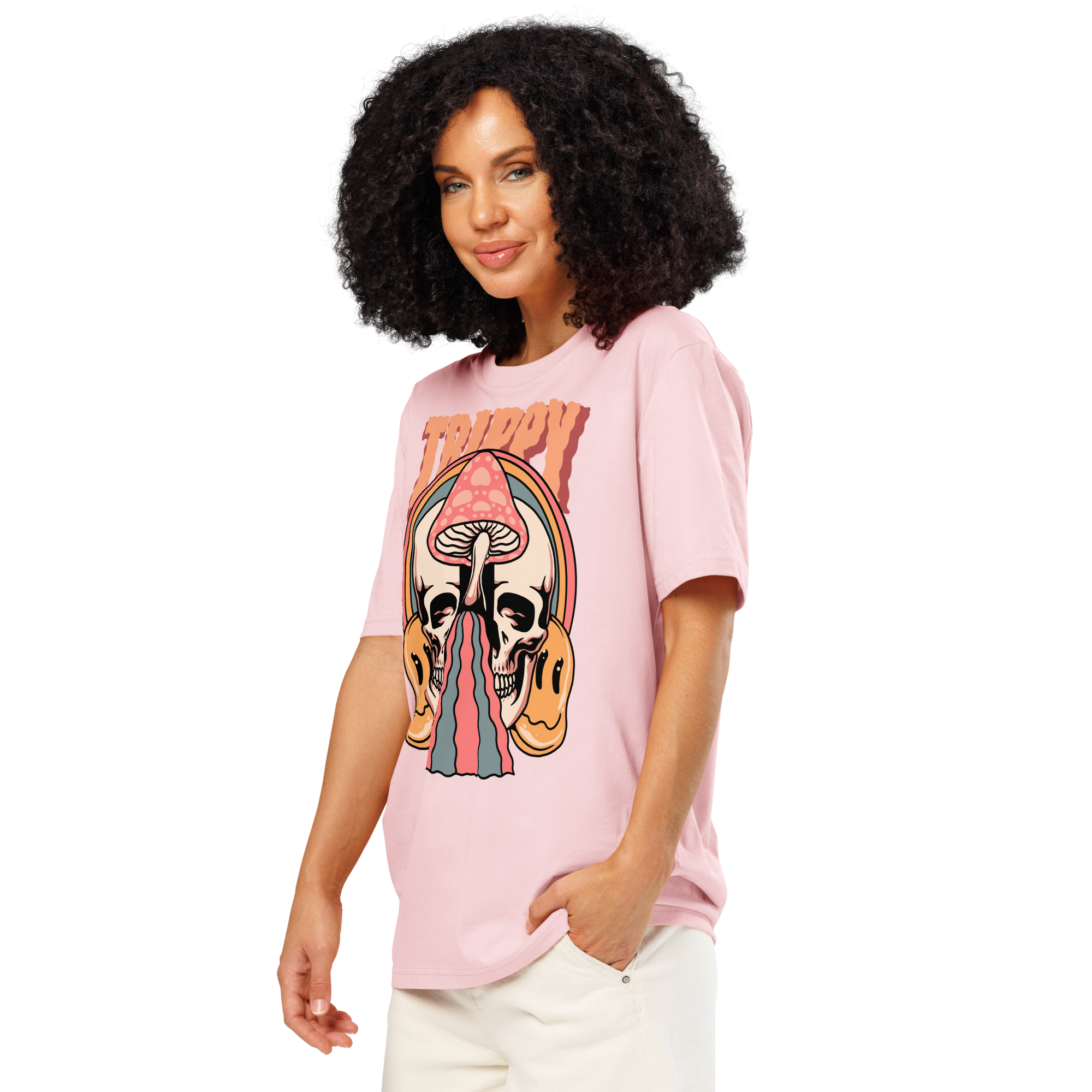 Heavyweight organic cotton t-shirt featuring a split skull pierced by a pink mushroom, with melting psychedelic shapes and small smiley faces.