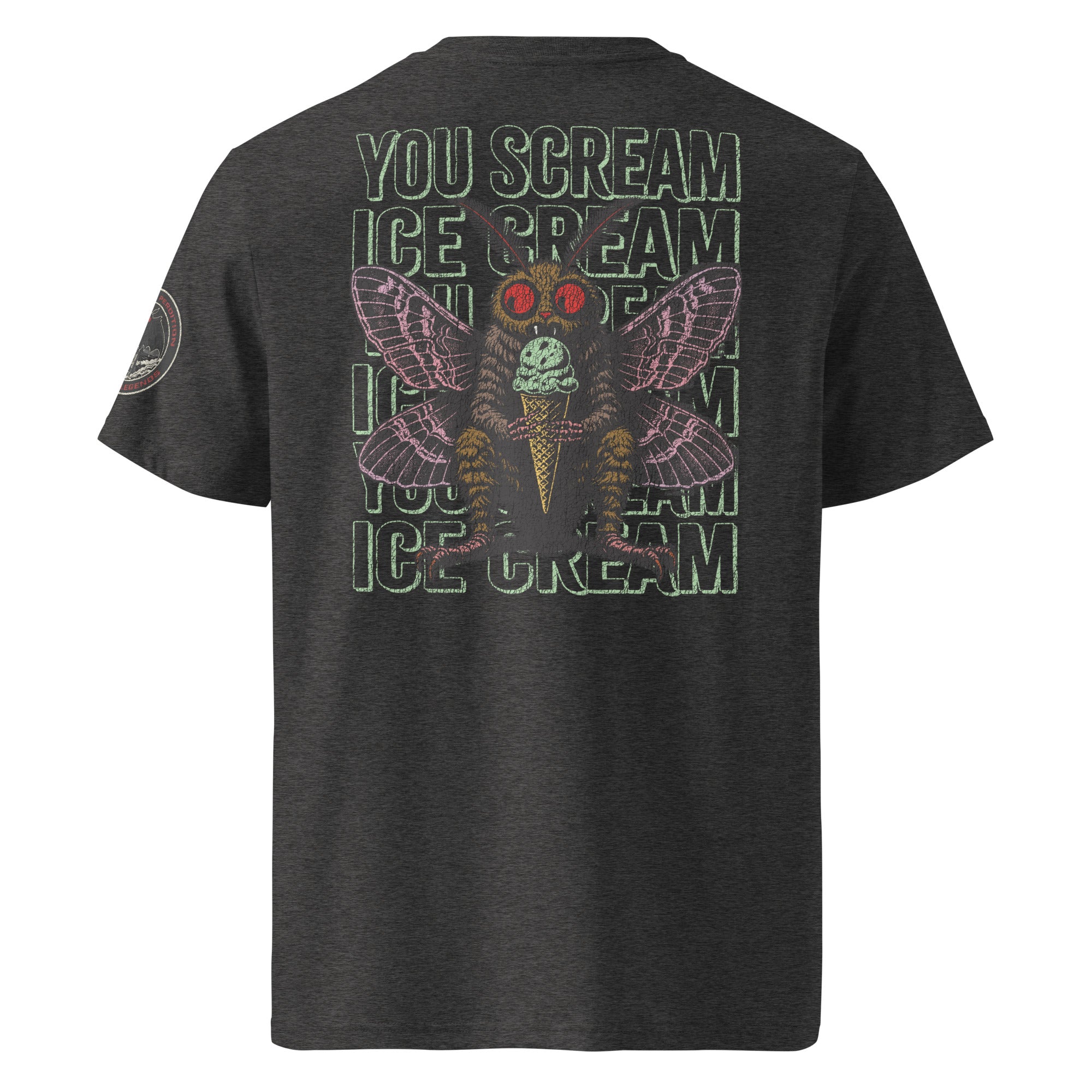 The back of a dark heather grey heavyweight tee featuring Mothman eating an ice cream cone with the repeating words "you scream | ice scream."