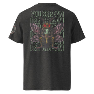 The back of a dark heather grey heavyweight tee featuring Mothman eating an ice cream cone with the repeating words "you scream | ice scream."