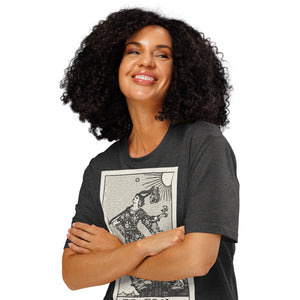 Heavyweight organic cotton t-shirt with The Fool tarot illustration rendered in modern woodcut style.