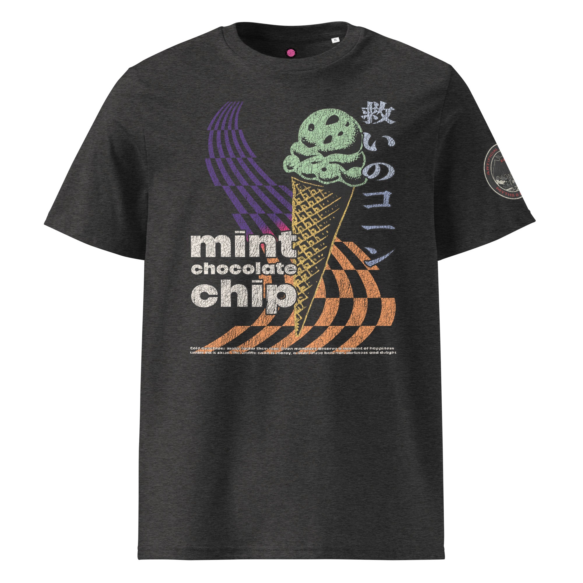 The front of a dark heather heavyweight tee featuring the words "mint chocolate chip" wit a neon mint chip cone and the Japanese kanji 救いのコーン (Sukui no kōn) — “Cone of Salvation.”