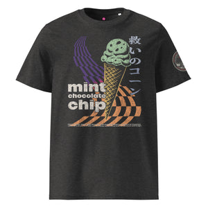 The front of a dark heather heavyweight tee featuring the words "mint chocolate chip" wit a neon mint chip cone and the Japanese kanji 救いのコーン (Sukui no kōn) — “Cone of Salvation.”