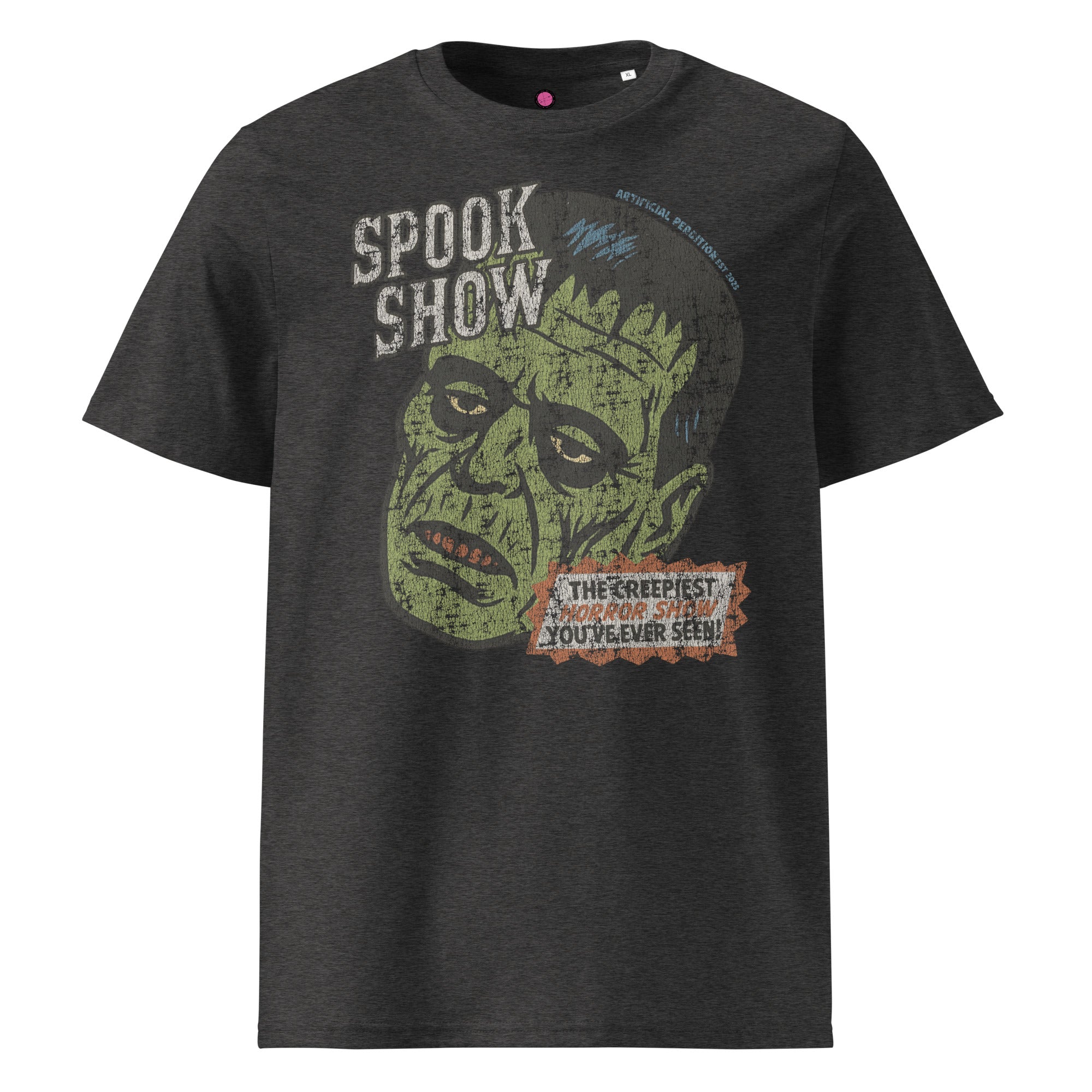Distressed Frankenstein head with “Spook Show” on a premium organic heavyweight dark heather tee.