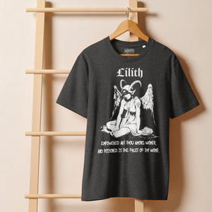 Heavyweight organic cotton t-shirt with black-and-white Lilith illustration and gothic text.