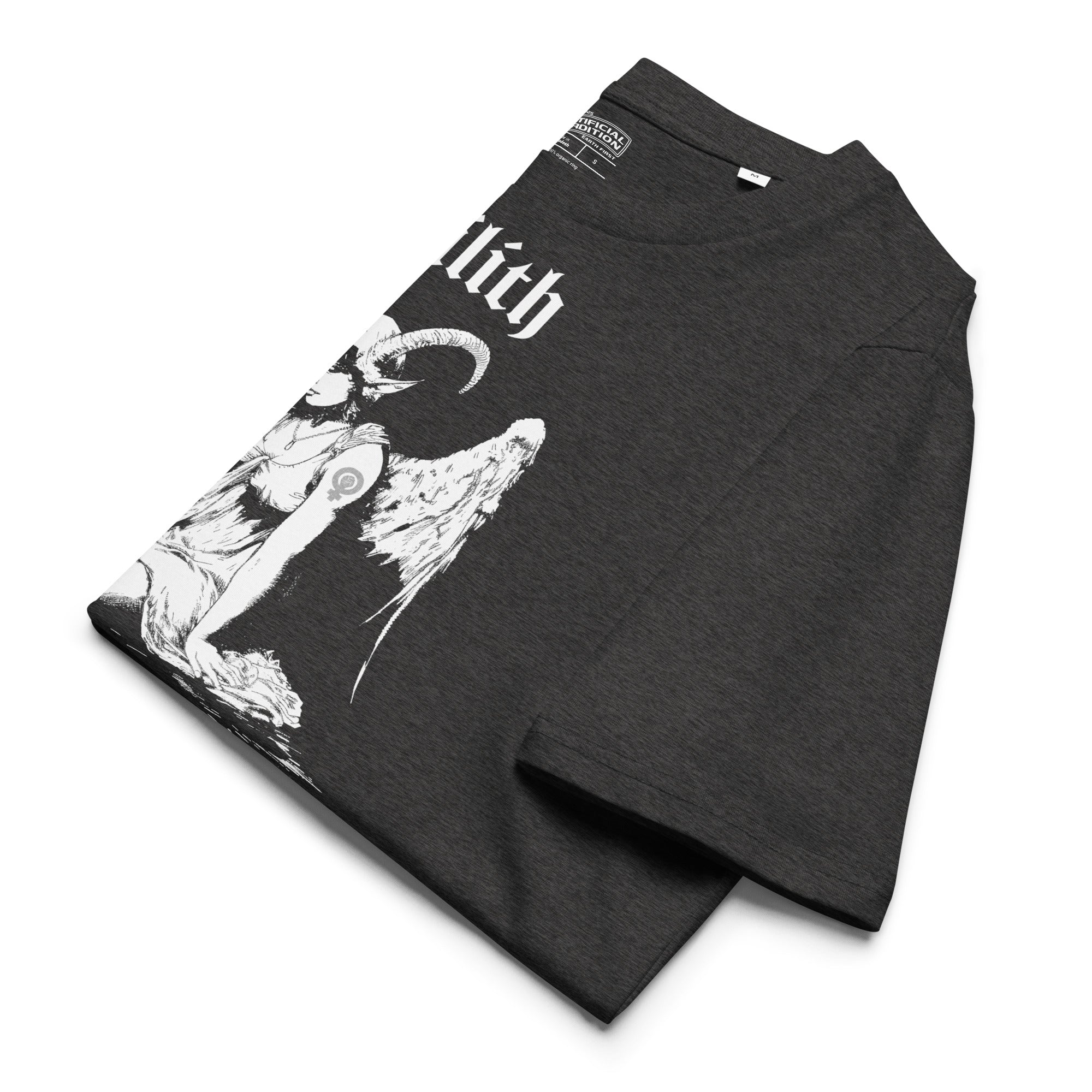 Heavyweight organic cotton t-shirt with black-and-white Lilith illustration and gothic text.Product mockup