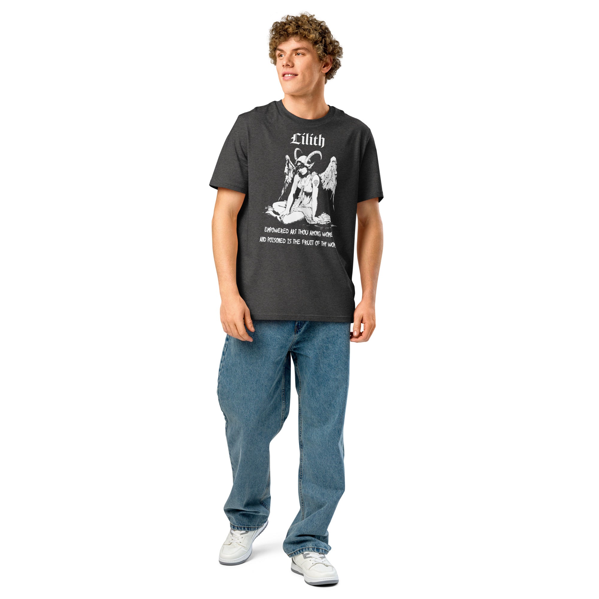 Heavyweight organic cotton t-shirt with black-and-white Lilith illustration and gothic text.
