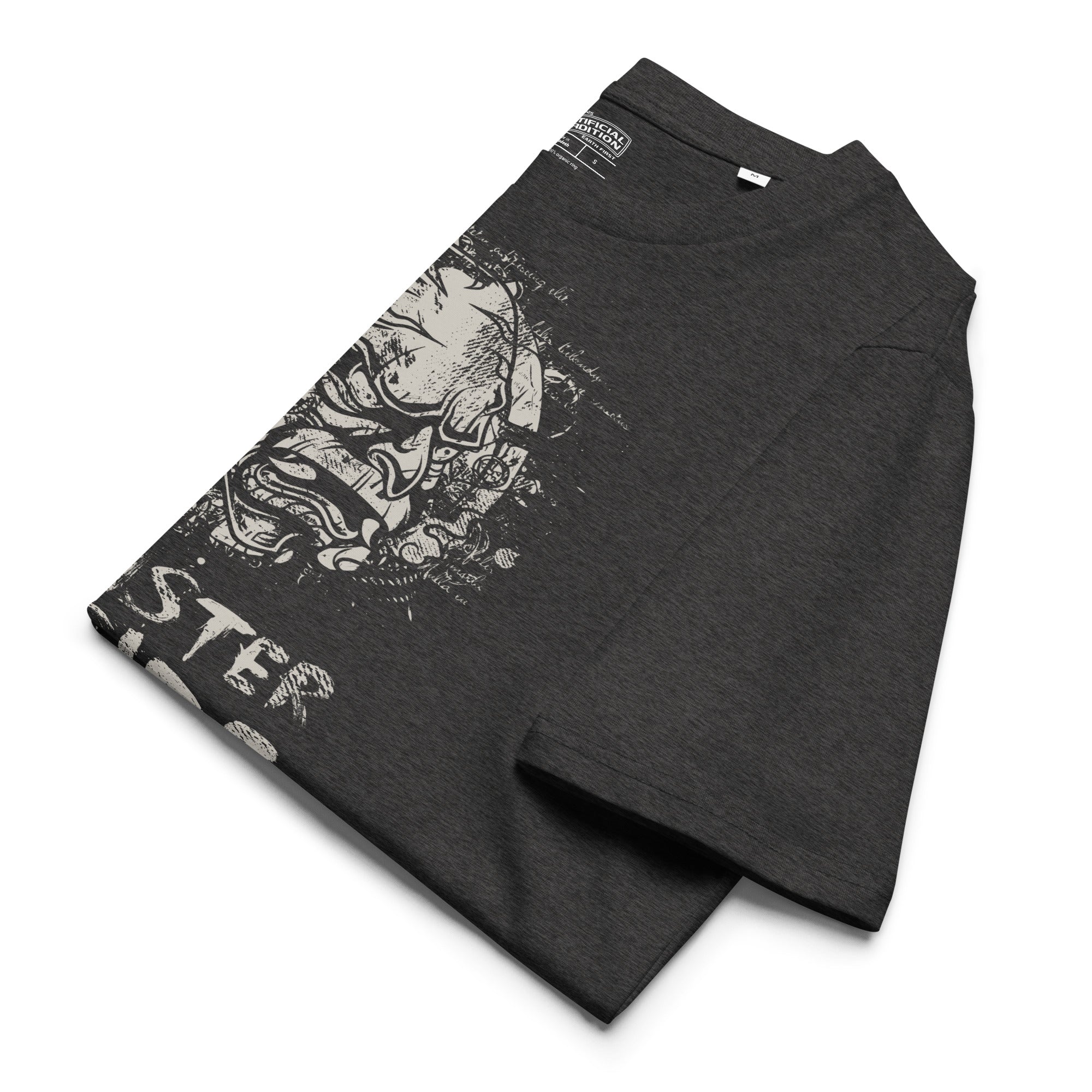 Black heavyweight organic cotton t-shirt featuring horned monster emerging from a ritual circle with fragmented script.