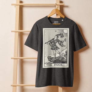 Heavyweight organic cotton t-shirt with The Fool tarot illustration rendered in modern woodcut style.