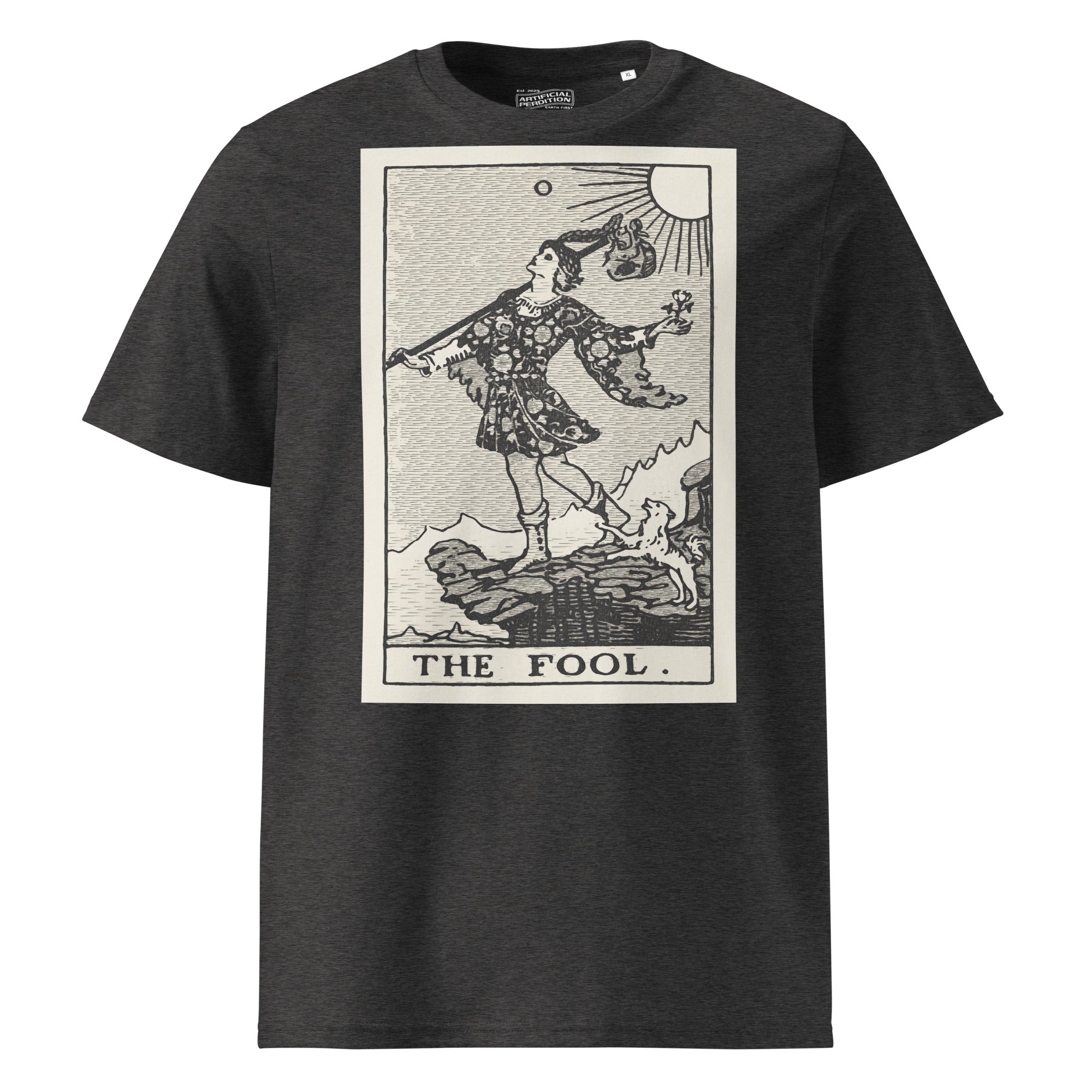 Heavyweight organic cotton t-shirt with The Fool tarot illustration rendered in modern woodcut style.