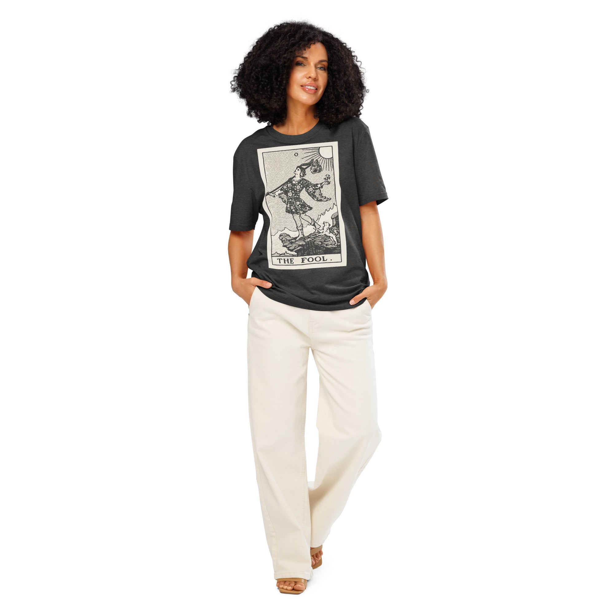 Heavyweight organic cotton t-shirt with The Fool tarot illustration rendered in modern woodcut style.