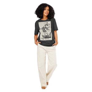 Heavyweight organic cotton t-shirt with The Fool tarot illustration rendered in modern woodcut style.