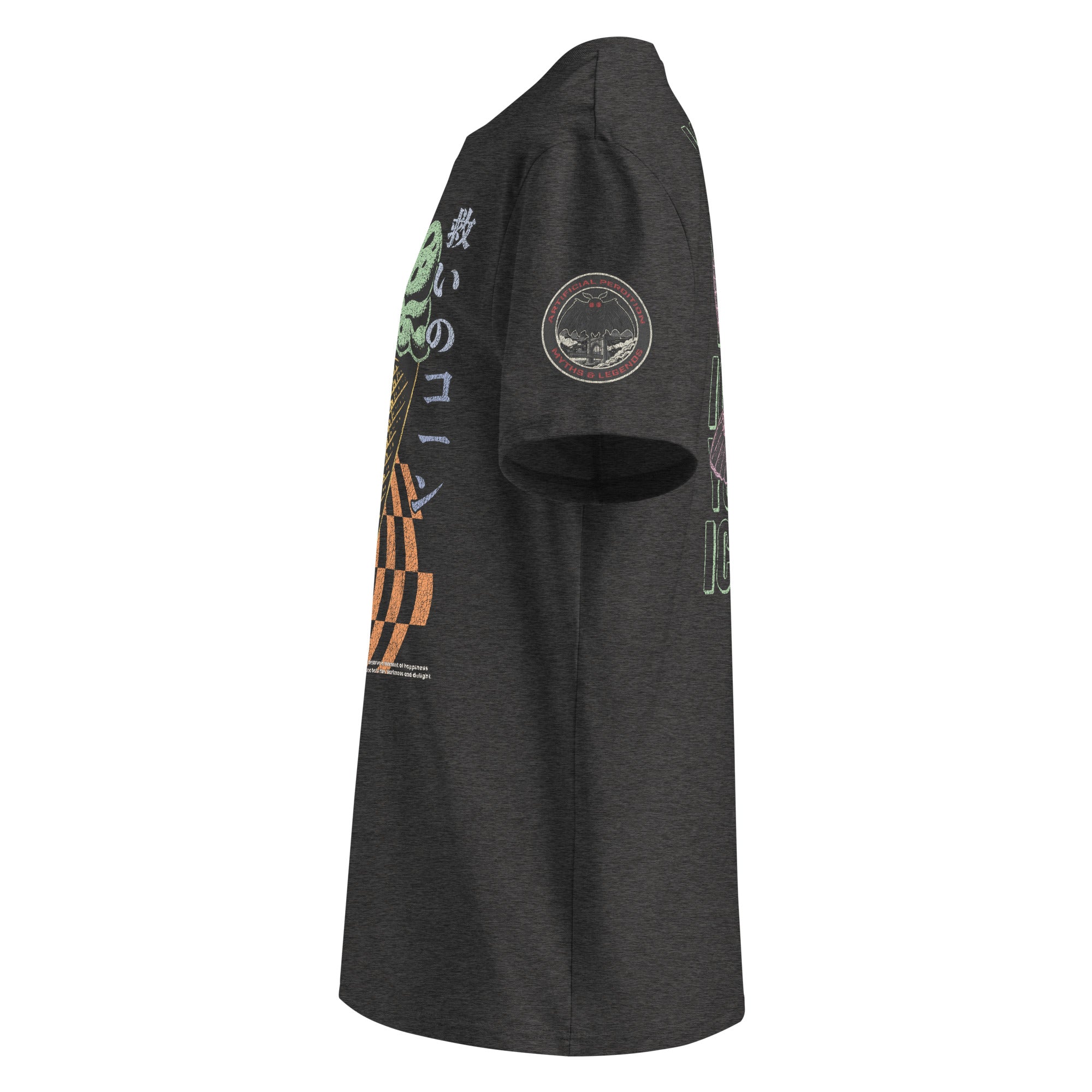The side view of a dark heather grey heavyweight tee featuring  the a circular badge of mothman over a bridge with the words "artificial perdition | myths & legends."
