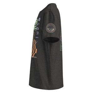 The side view of a dark heather grey heavyweight tee featuring  the a circular badge of mothman over a bridge with the words "artificial perdition | myths & legends."