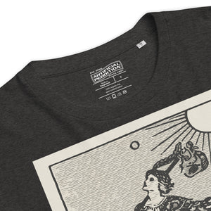 Heavyweight organic cotton t-shirt with The Fool tarot illustration rendered in modern woodcut style.