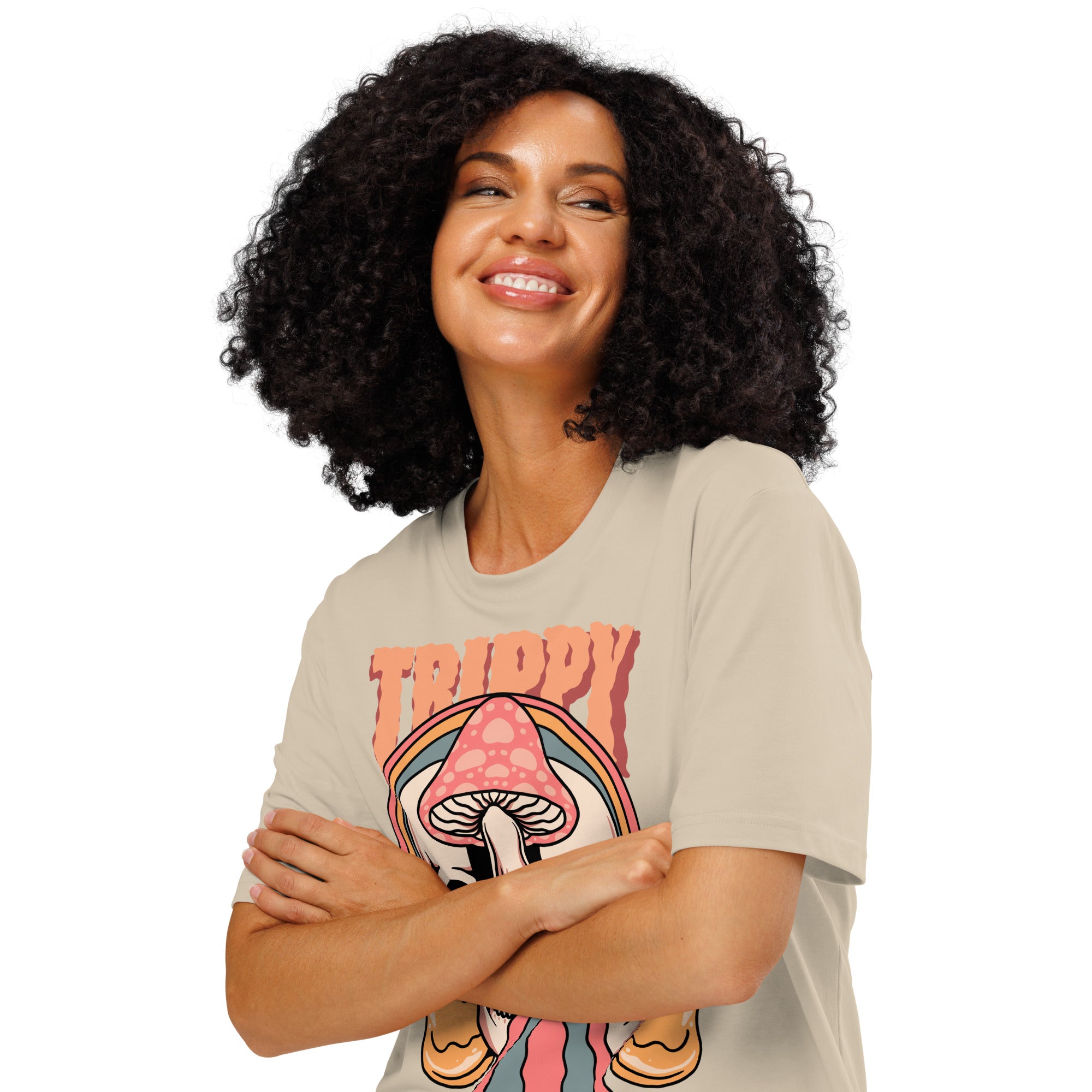 Heavyweight organic cotton t-shirt featuring a split skull pierced by a pink mushroom, with melting psychedelic shapes and small smiley faces.
