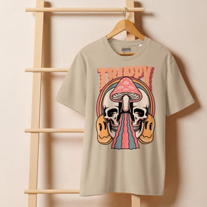 Heavyweight organic cotton t-shirt featuring a split skull pierced by a pink mushroom, with melting psychedelic shapes and small smiley faces.