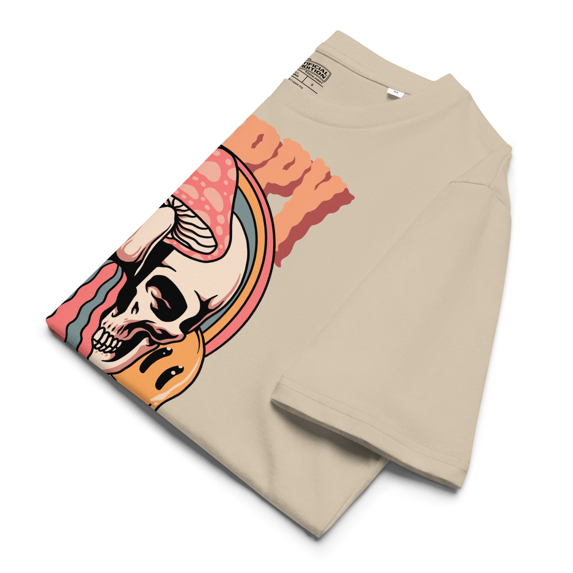 Heavyweight organic cotton t-shirt featuring a split skull pierced by a pink mushroom, with melting psychedelic shapes and small smiley faces.