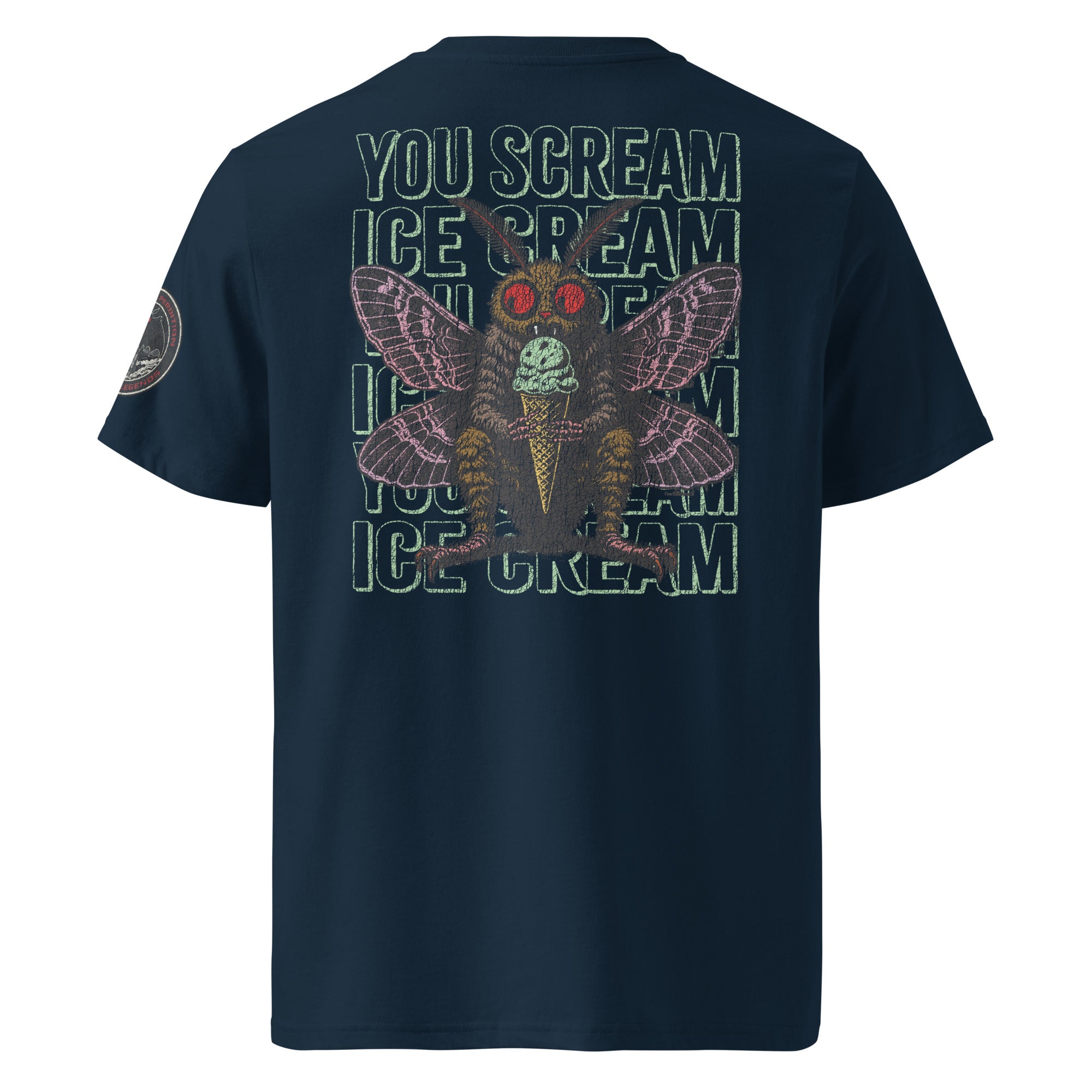 The back of a french navy heavyweight tee featuring Mothman eating an ice cream cone with the repeating words "you scream | ice scream."