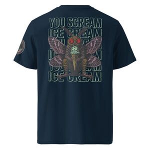 The back of a french navy heavyweight tee featuring Mothman eating an ice cream cone with the repeating words "you scream | ice scream."