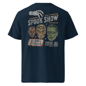 A distressed vintage poster image with Dracula, Wolfman, and Frankenstein; One Night Only type on a premium organic French Navy heavyweight t-shirt.