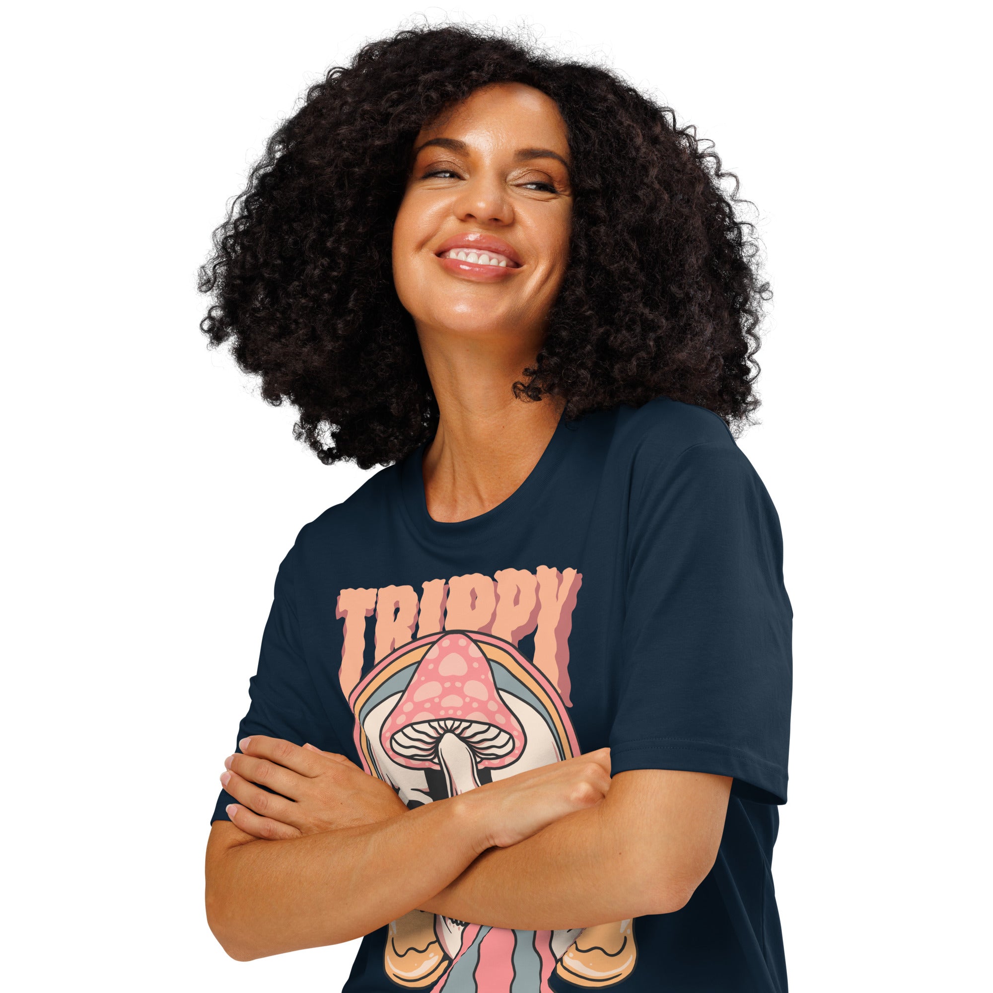Heavyweight organic cotton t-shirt featuring a split skull pierced by a pink mushroom, with melting psychedelic shapes and small smiley faces.