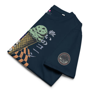 The lfolded view of a french navy heavyweight tee featuring half of an ice cream cone and the Japanese kanji 救いのコーン (Sukui no kōn) — “Cone of Salvation." There is a circular badge of mothman over a bridge with the words "artificial perdition | myths & legends."