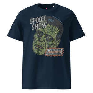 Distressed Frankenstein head with “Spook Show” on a premium organic heavyweight French Navy tee.