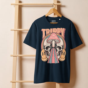 Heavyweight organic cotton t-shirt featuring a split skull pierced by a pink mushroom, with melting psychedelic shapes and small smiley faces.