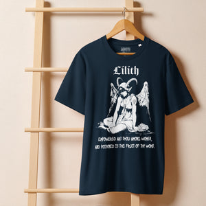 Heavyweight organic cotton t-shirt with black-and-white Lilith illustration and gothic text.
