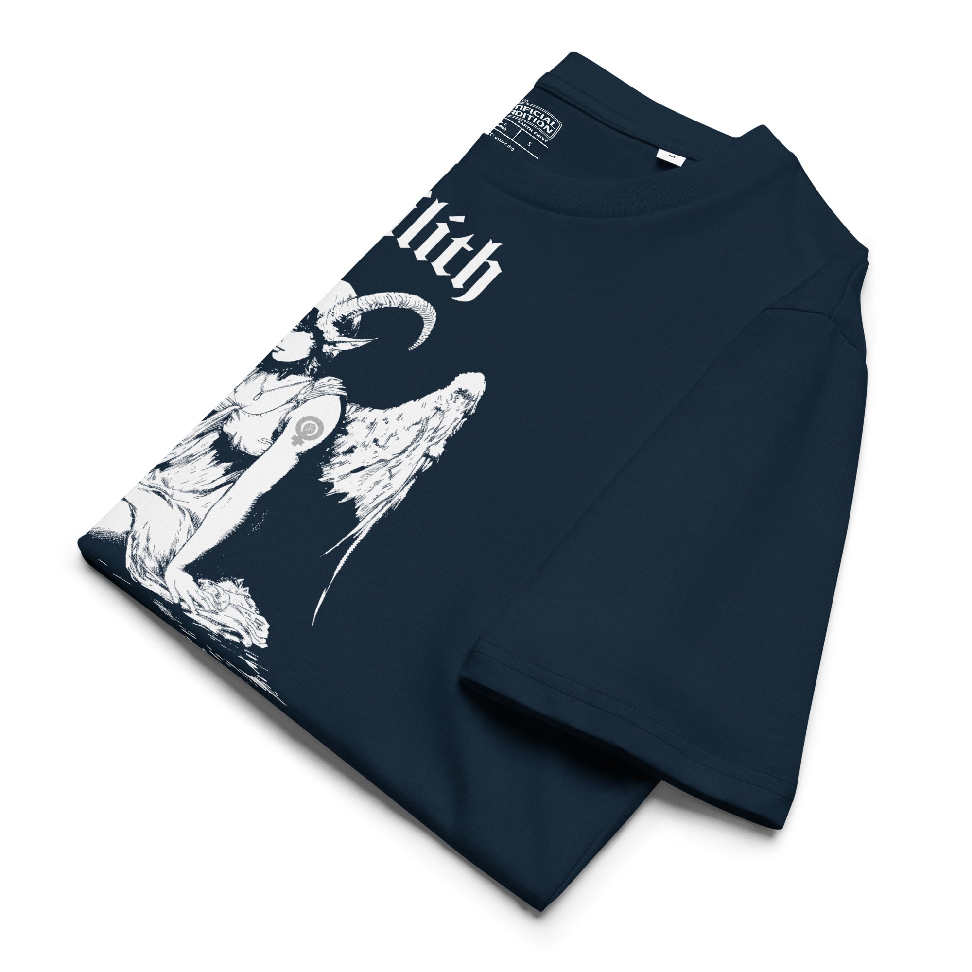 Heavyweight organic cotton t-shirt with black-and-white Lilith illustration and gothic text.