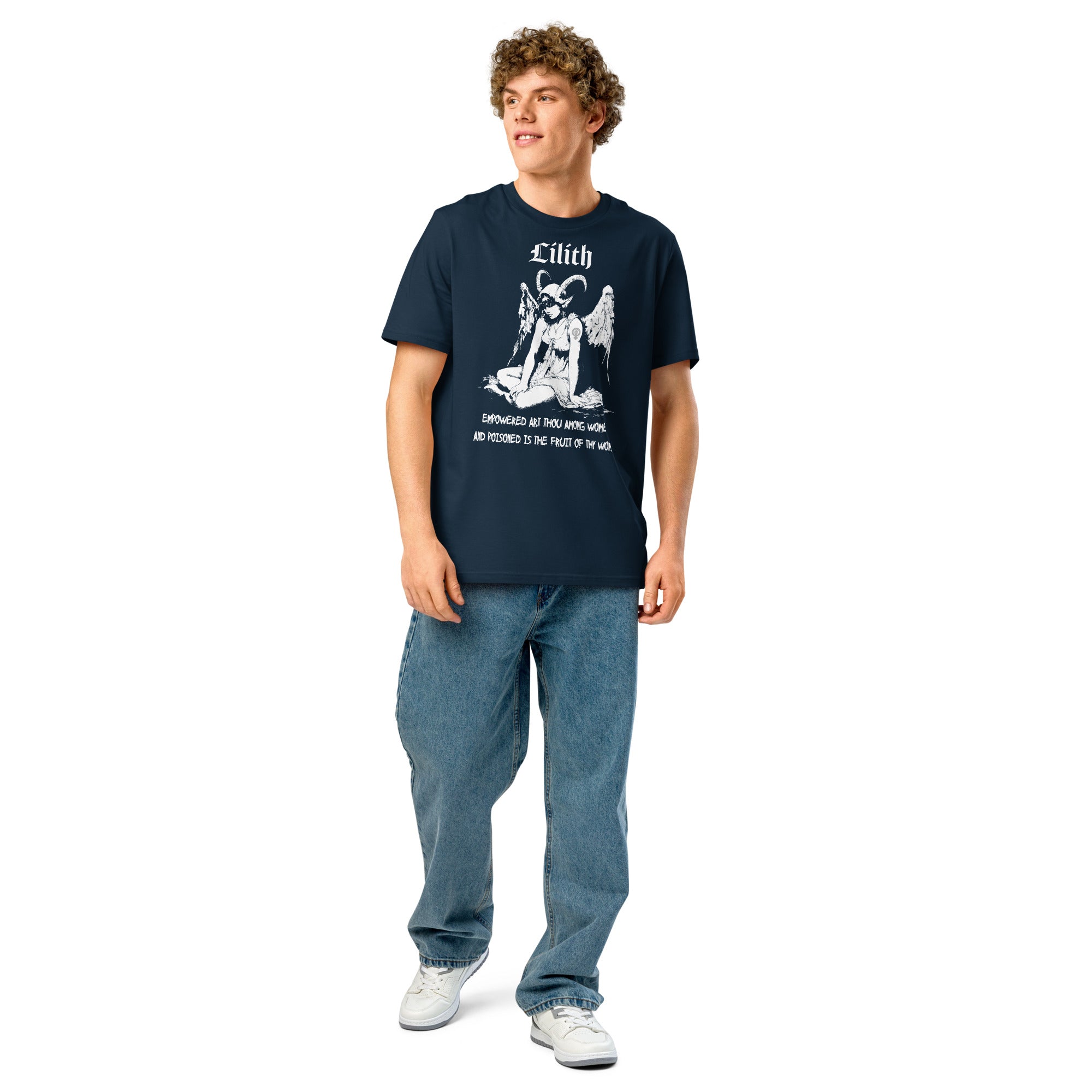 Heavyweight organic cotton t-shirt with black-and-white Lilith illustration and gothic text.