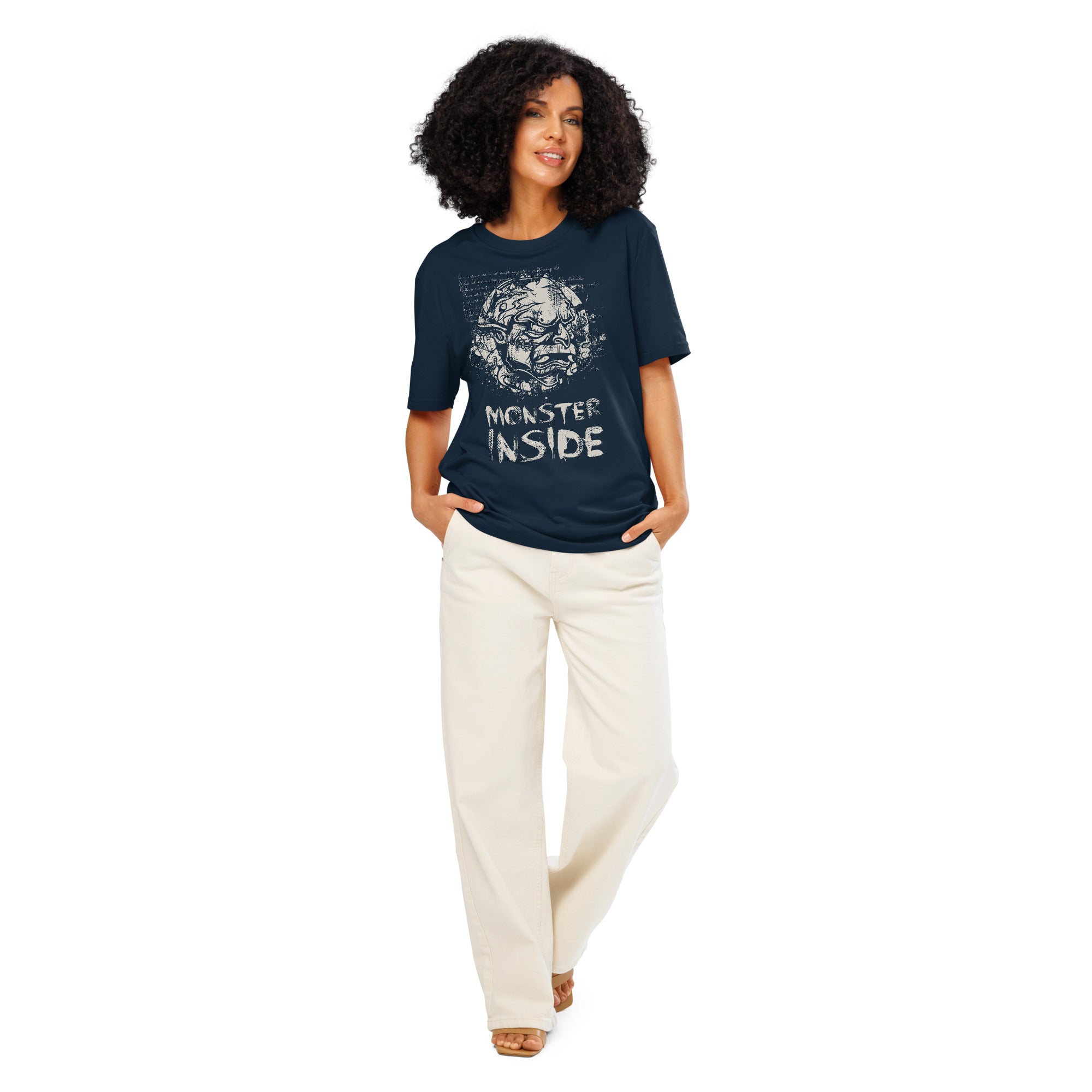 Black heavyweight organic cotton t-shirt featuring horned monster emerging from a ritual circle with fragmented script.