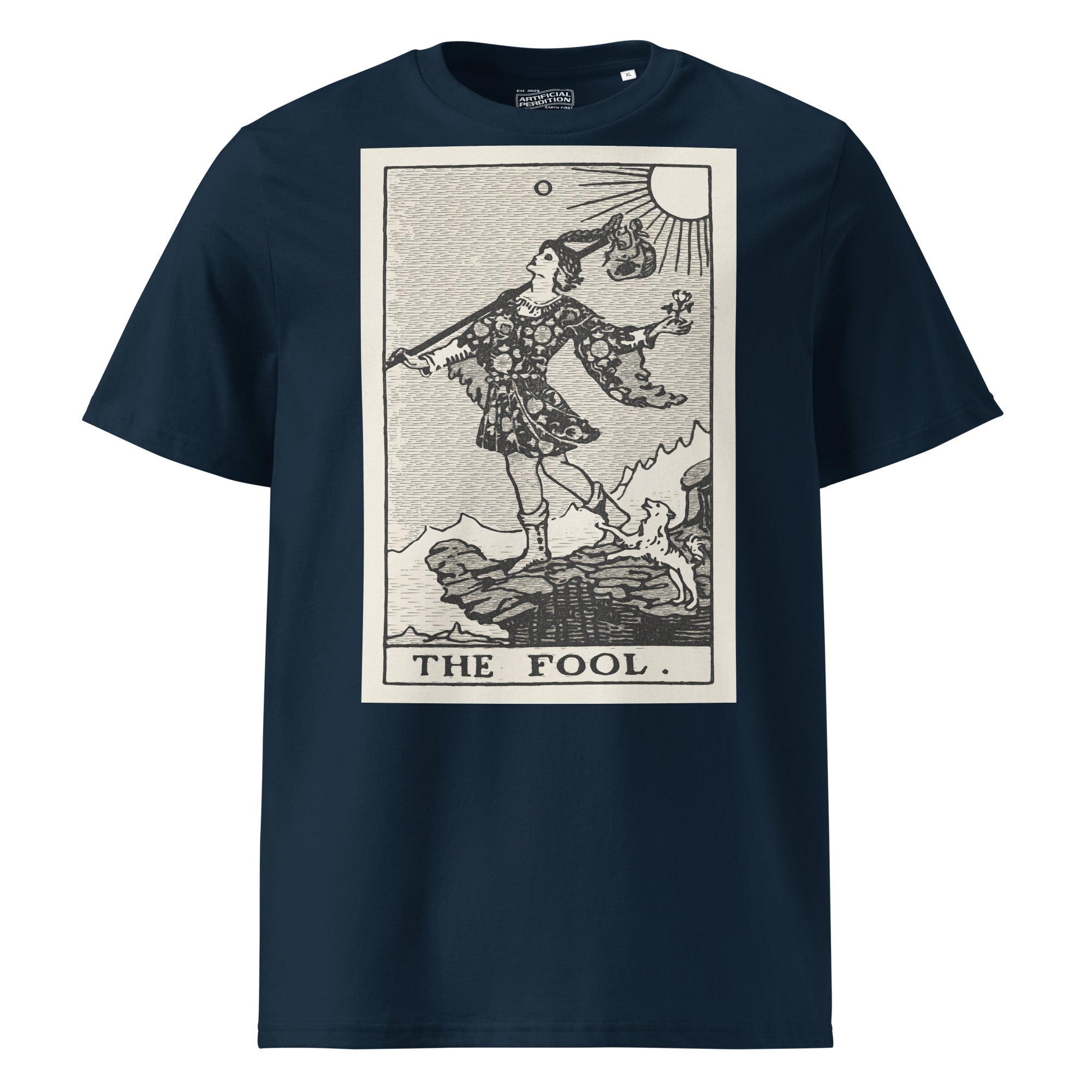 Heavyweight organic cotton t-shirt with The Fool tarot illustration rendered in modern woodcut style.