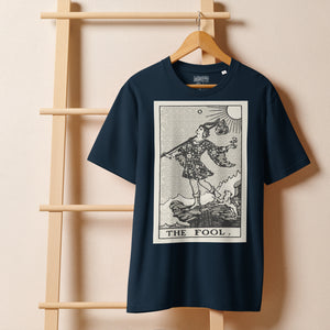 Heavyweight organic cotton t-shirt with The Fool tarot illustration rendered in modern woodcut style.