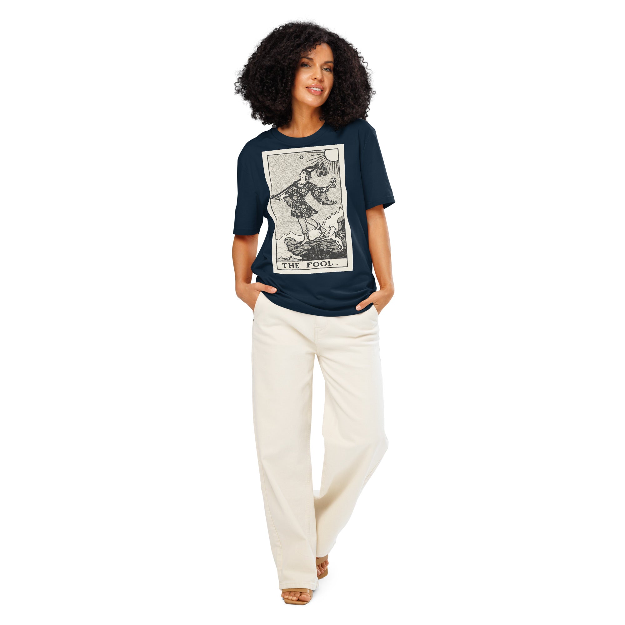 Heavyweight organic cotton t-shirt with The Fool tarot illustration rendered in modern woodcut style.