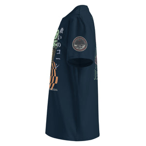 The side view of a french navy heavyweight tee featuring  the a circular badge of mothman over a bridge with the words "artificial perdition | myths & legends."