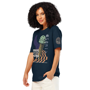 The left facing side of a woman wearing a french navy heavyweight tee featuring the words "mint chocolate chip" wit a neon mint chip cone and the Japanese kanji 救いのコーン (Sukui no kōn) — “Cone of Salvation." There is a circular badge of mothman over a bridge with the words "artificial perdition | myths & legends."