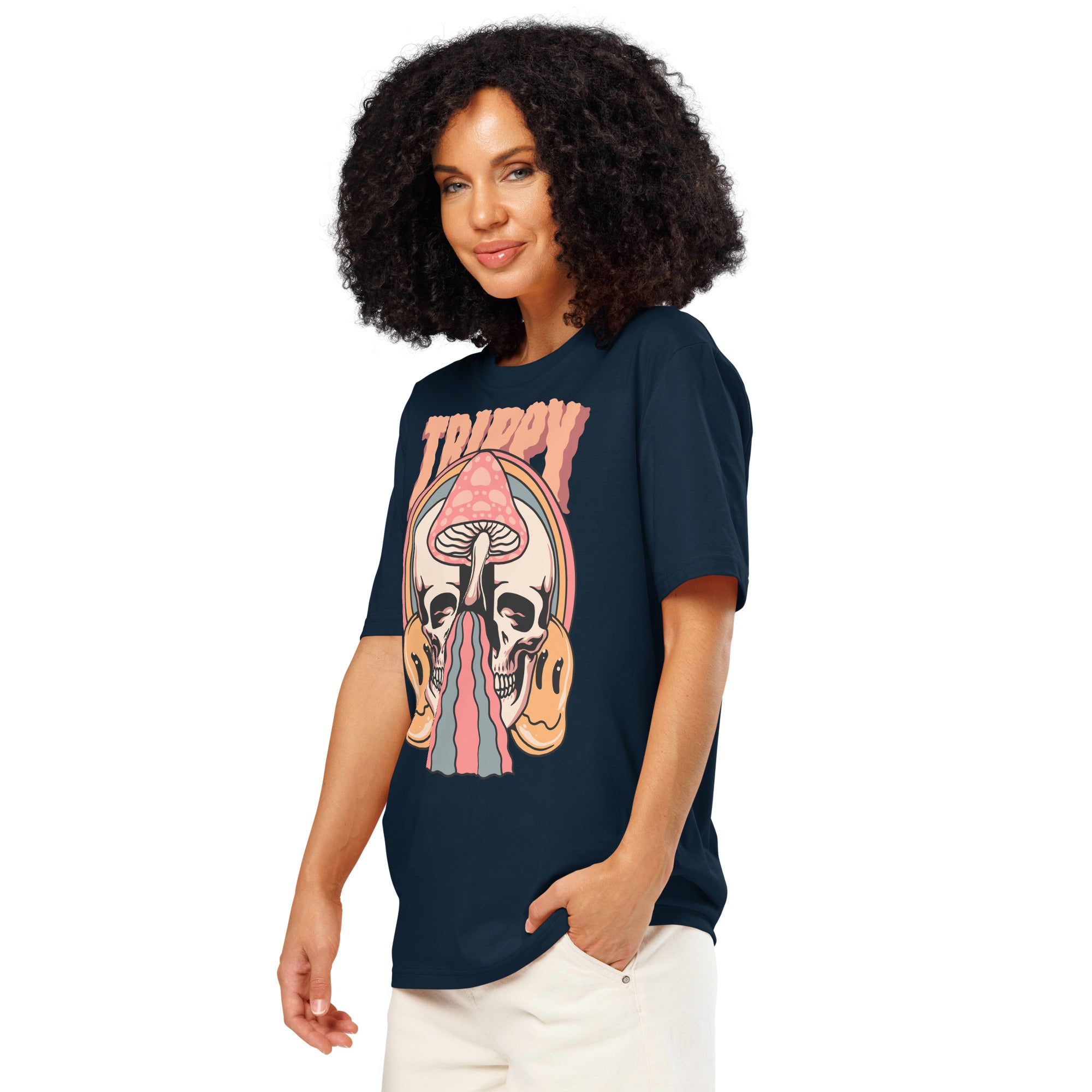 Heavyweight organic cotton t-shirt featuring a split skull pierced by a pink mushroom, with melting psychedelic shapes and small smiley faces.