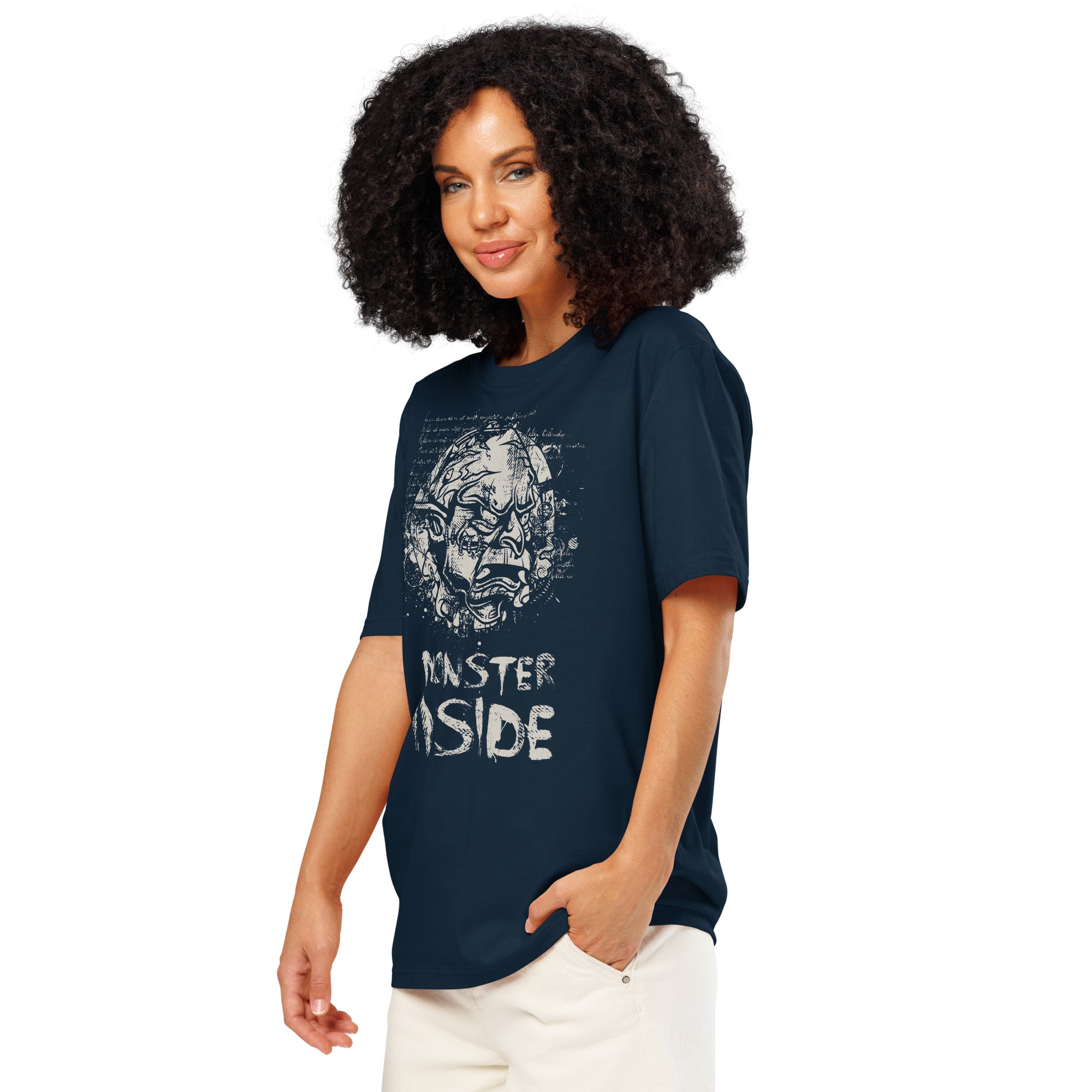 Black heavyweight organic cotton t-shirt featuring horned monster emerging from a ritual circle with fragmented script.