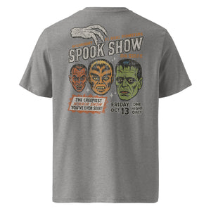 A distressed vintage poster image with Dracula, Wolfman, and Frankenstein; One Night Only type on a premium organic heather grey heavyweight t-shirt.