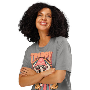 Heavyweight organic cotton t-shirt featuring a split skull pierced by a pink mushroom, with melting psychedelic shapes and small smiley faces.