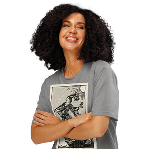 Heavyweight organic cotton t-shirt with The Fool tarot illustration rendered in modern woodcut style.