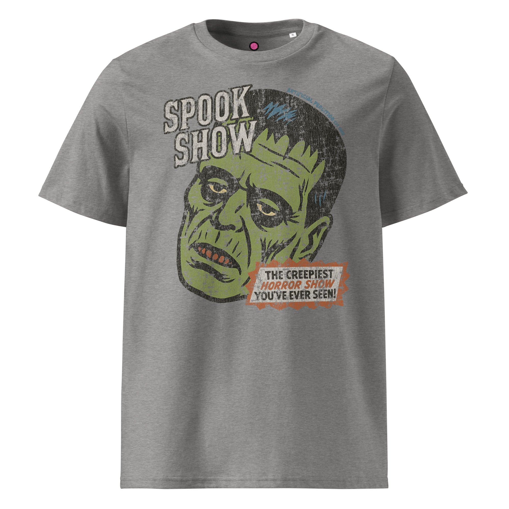 Distressed Frankenstein head with “Spook Show” on a premium organic heavyweight heavyweight tee.