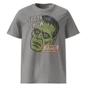 Distressed Frankenstein head with “Spook Show” on a premium organic heavyweight heavyweight tee.