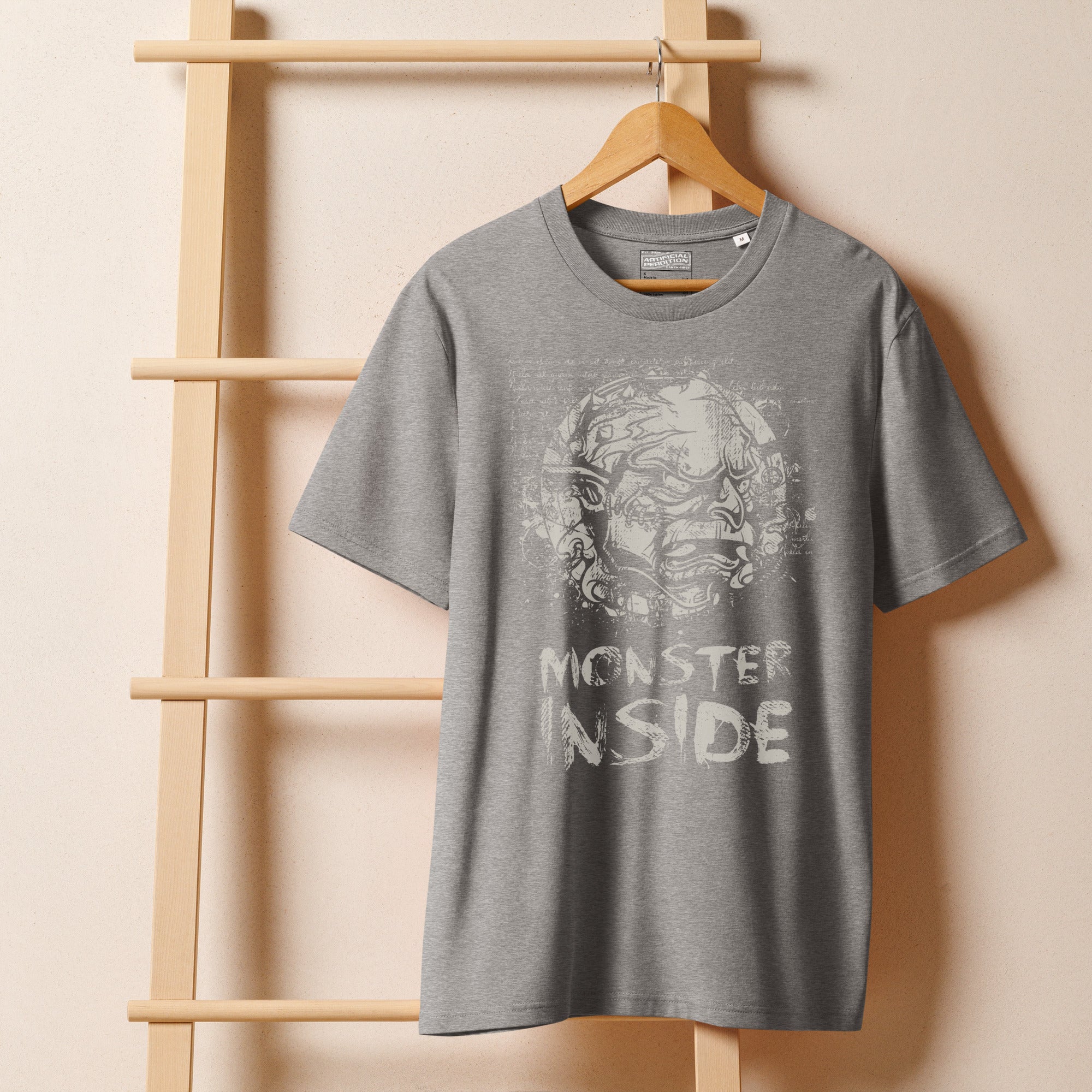 Black heavyweight organic cotton t-shirt featuring horned monster emerging from a ritual circle with fragmented script.