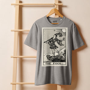 Heavyweight organic cotton t-shirt with The Fool tarot illustration rendered in modern woodcut style.
