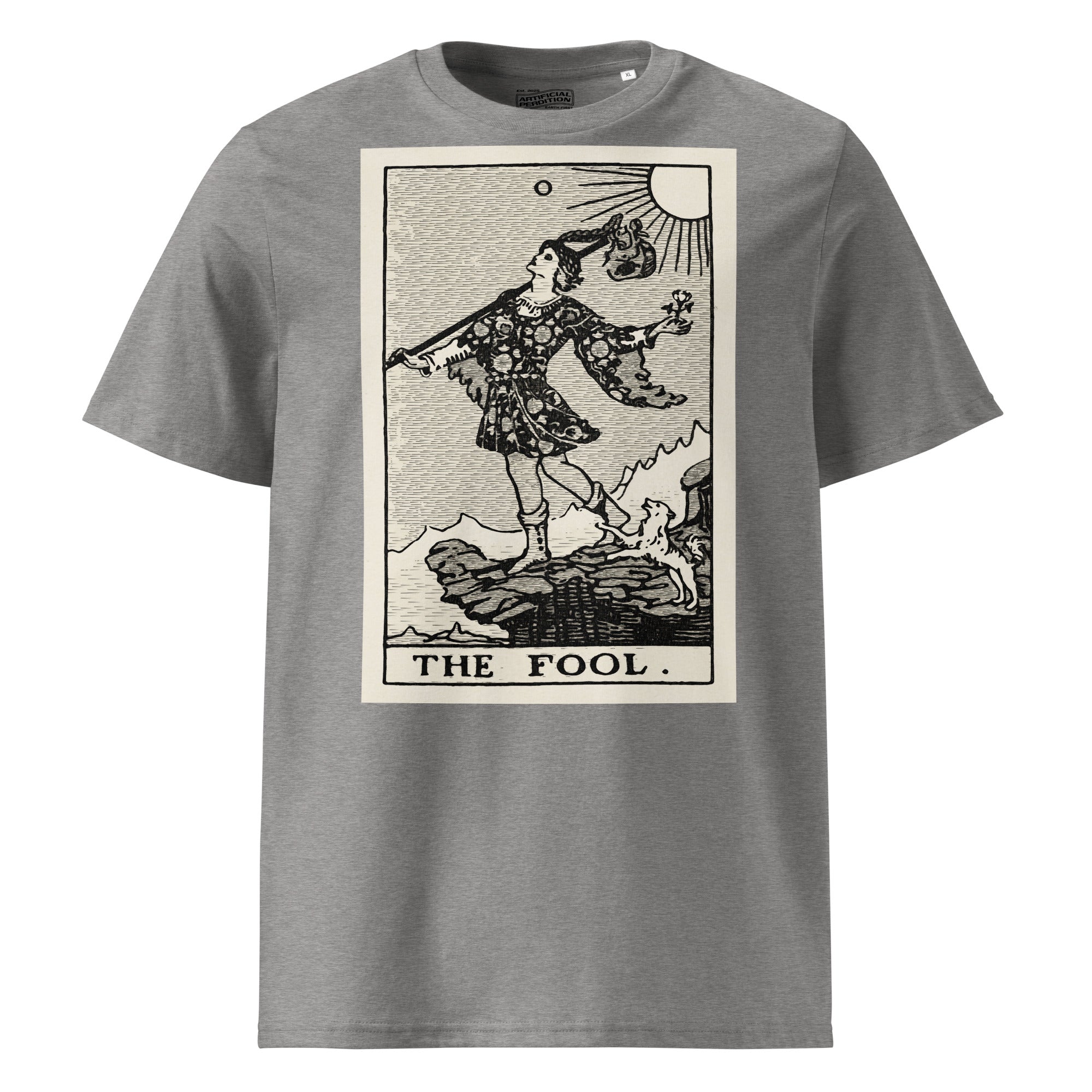 Heavyweight organic cotton t-shirt with The Fool tarot illustration rendered in modern woodcut style.